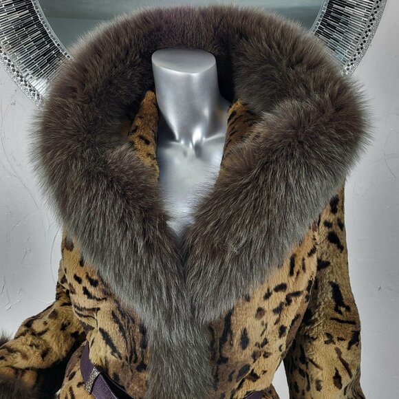 MITCHIE'S~M/L~BROWN GENUINE FOX FUR REAL RABBIT LEOPARD ANIMAL PRINT HOODED COAT - Picture 10 of 16